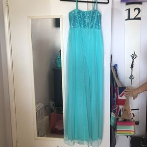 Teal floor length prom dress